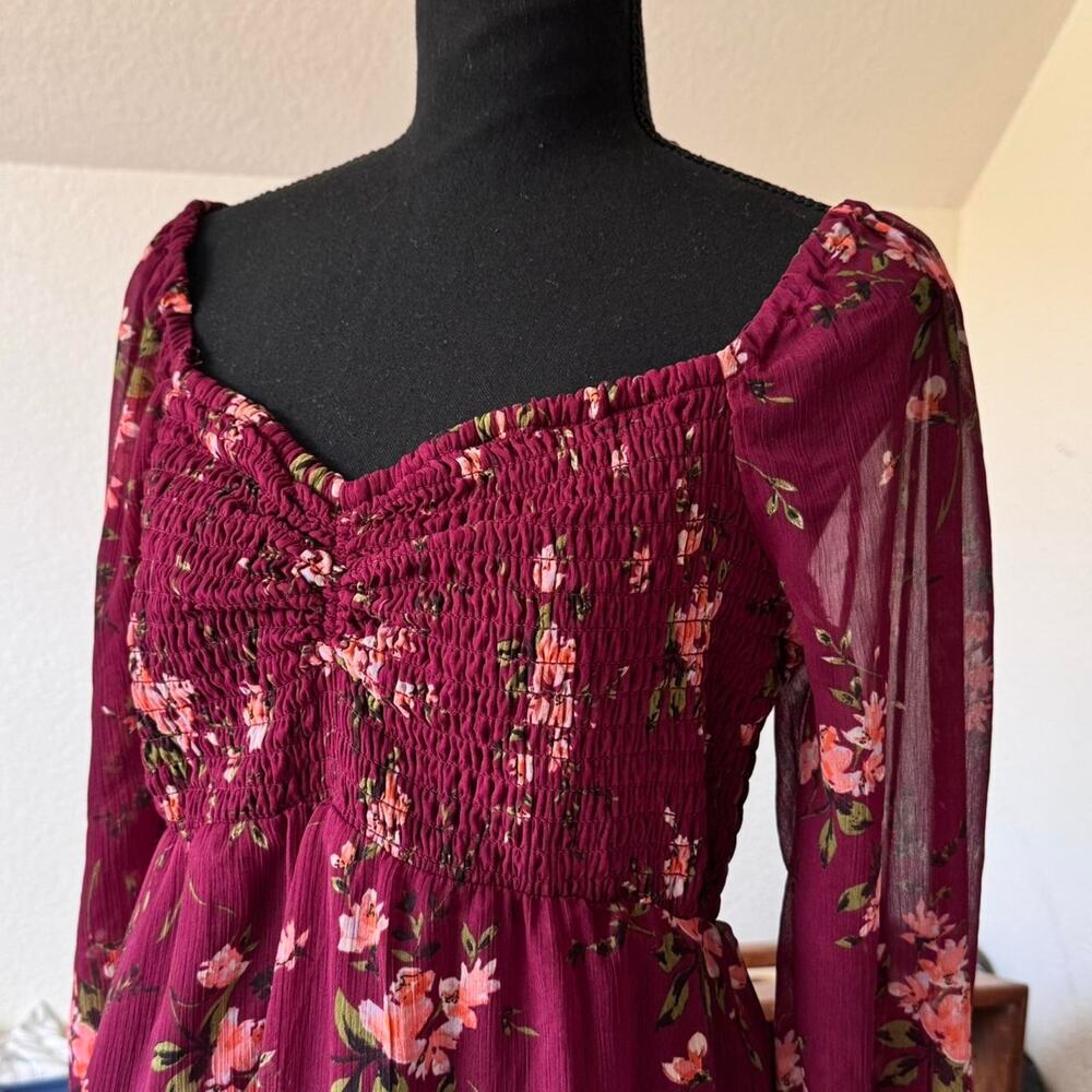 Maurices Sheer burgundy floral milkmaid babydoll dress sz med folk renaissance